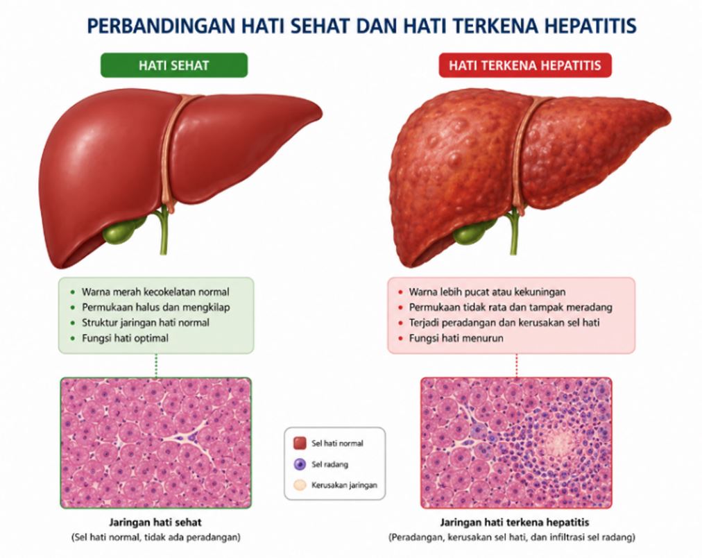 Ilustrasi menunjukkan perbedaan antara hati sehat dan hati yang mengalami peradangan akibat hepatitis.