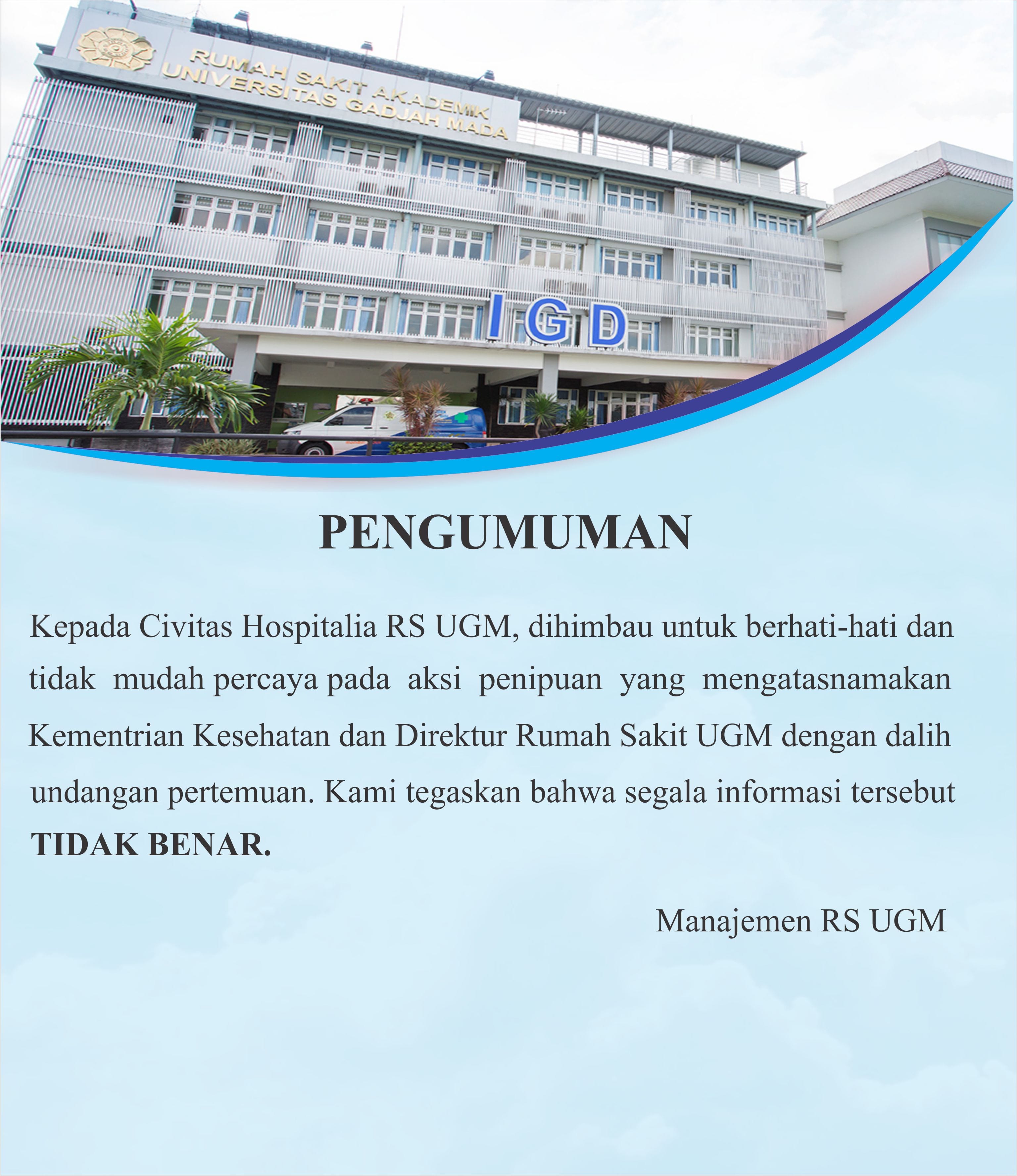 Pengumuman Penipuan di Lingkungan RS UGM