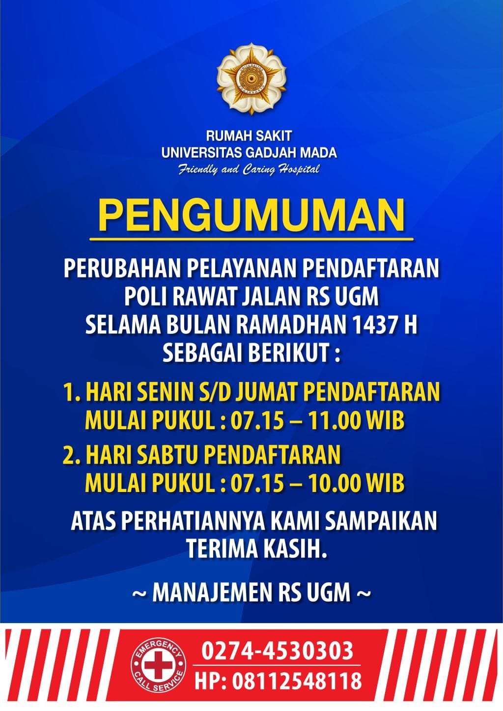 pengumuman rawat jalan di RS UGM